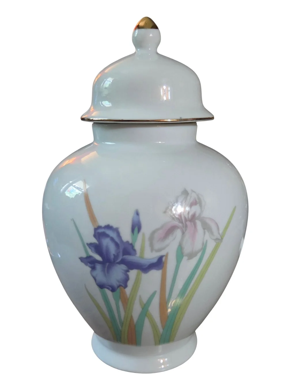 Vintage Iris Japan White Porcelain Ginger Jar Gold Trim Floral Lid